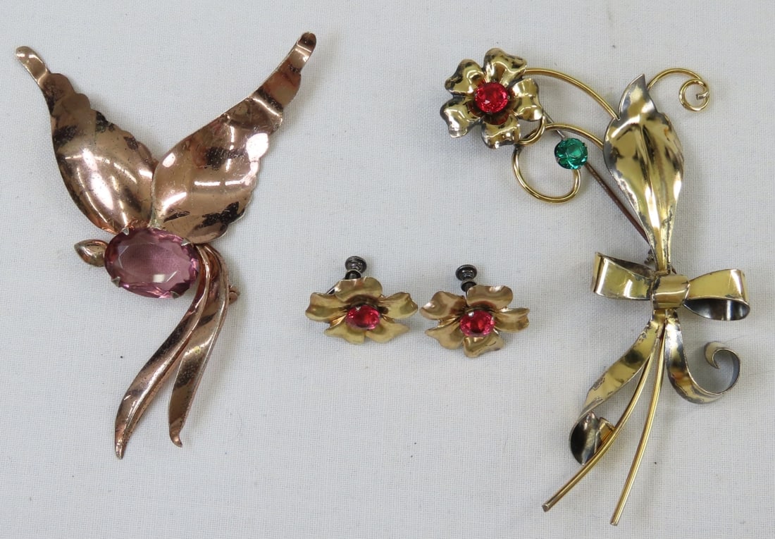 Sydney Berman & Sterling by Jordan Signed Jewelry: Sydney Berman & Sterling by Jordan Signed Jewelry - Jordan Sterling vermeil bird brooch with purple stone, and Sydney Berman 1-20 12kt brooch & earrings Lot size 5 x4 x4", .3 lbs Photos are part of de