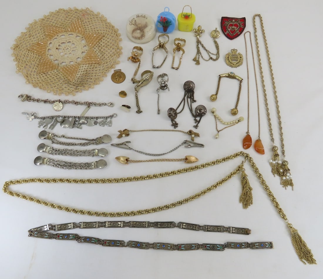 Vintage Belts, Glove Clips, Charm Bracelets & More: Vintage Belts, Glove Clips, Charm Bracelets & More - Maxann charm bracelet, 2 pocket rain caps, silver & enamel belt is missing some stones and jump rings, Judy Lee sweater clip, repousse art deco fob