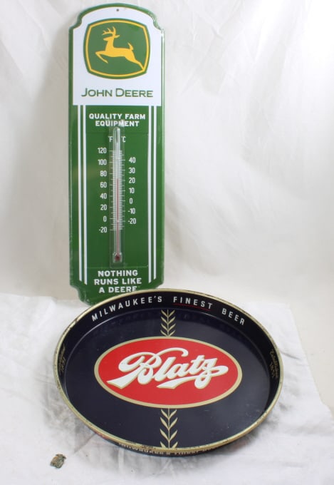 Blatz Beer Tray, John Deere Thermometer, Navy Pin: Blatz Beer Tray, John Deere Thermometer, Navy Pin - U S Navy Badge Vietnam War, 13" Diameter Blatz Beer Metal Tray, 18" Metal John Deere Thermometer. Lot Size 18" x 13" x 4". 2 Lbs. Photos