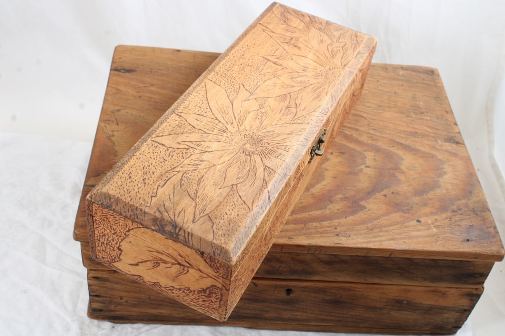 Wood Writing Desk, Flemish Floral Embossed Box and - 12