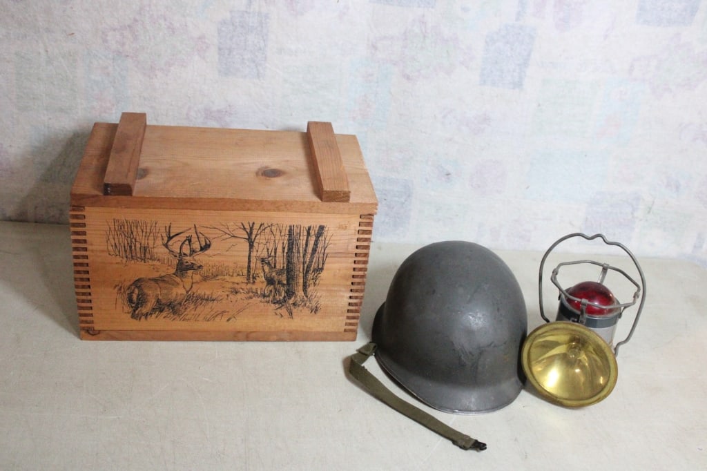 Delta Lantern, Evans Ammo Crate, Military Helmet: Delta Lantern, Evans Ammo Crate, Military Helmet - Delta Powerlite Lantern (Untested), #57 Medium Steel Military Helmet (no liner), Evans Ammo Wood Crate. Lot Size is 16" x 9" x 14". 13 Lbs.