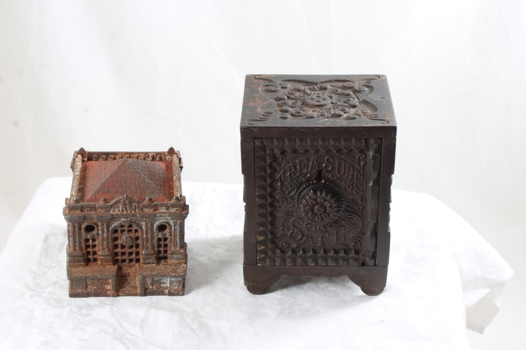 2 Antique Cast Iron Figural Banks: 2 Antique Cast Iron Figural Banks - J & E Stevens Cast Iron Treasure Safe still Bank Patented 1897 Unknown combination & key needed to open, locked, Cast Iron Bank Building U S treasury. 4 lbs. Lot Si