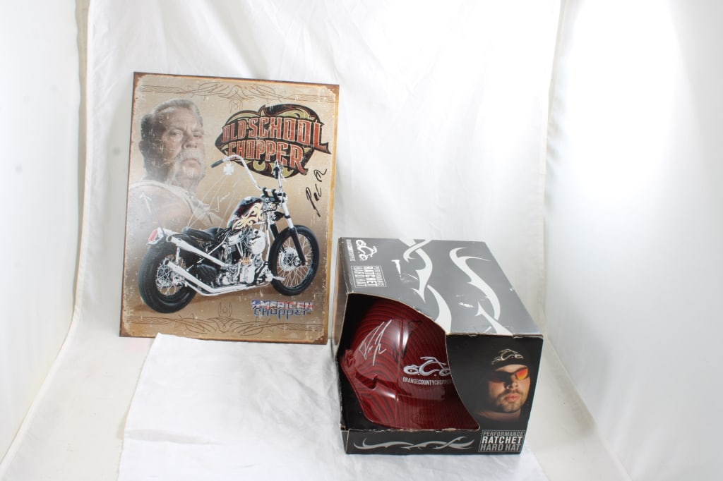 Orange County Choppers Signed Hard Hat & Sign: Orange County Choppers Signed Hard Hat & Sign - Hard Hat Signed by Paul Teutul, Sr. & Paul Teutul, Jr. & is in original box. Metal Sign is Also signed by one of them (not sure if it is Jr. or