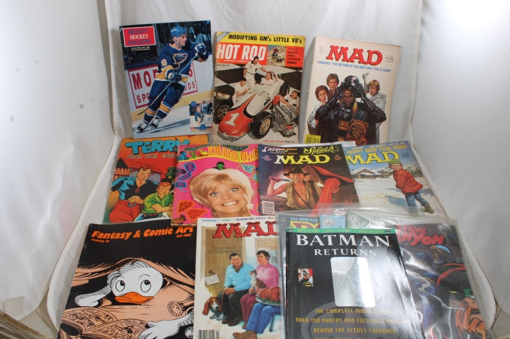 Fantasy & Comic, Mad, Laugh In, Hot Rod, Magazines: Fantasy & Comic, Mad, Laugh In, Hot Rod, Magazines - Mad Magazines from 1980's, Laugh In Magazine from 1969 with Goldie Hawn on Cover, Hot Rod 1961 Magazine and 1982 Fantasy & Comic Art Magazine. 4 Lb