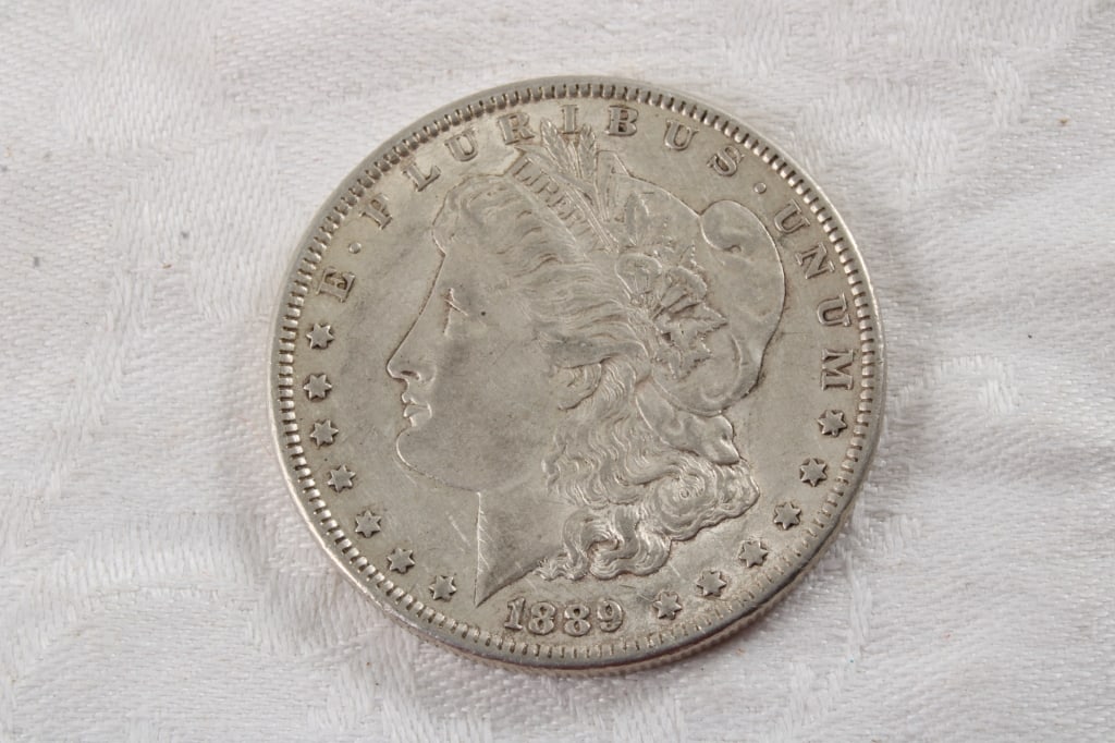 1889 Morgan Silver Dollar: 1889 Morgan Silver Dollar - 1 Oz. Lot Size 2" Diameter Photos are part of description (Live Auctioneers only shows up to 20). Please ask questions and read terms & conditions before bidding.
