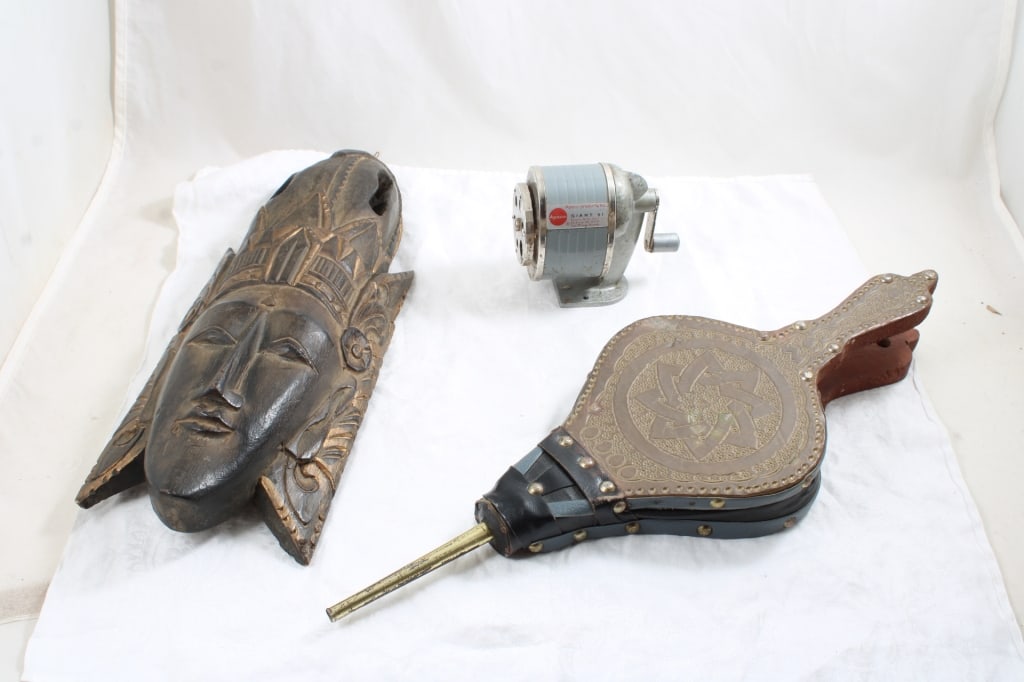 Tribal Mask, Fire Place Bellows, Pencil Sharpener: Tribal Mask, Fire Place Bellows, Pencil Sharpener - Wood Carved Tribal Mask, Fireplace Bellows and Pencil Sharpener. 4 Lbs. Lot Size 18" x 8" x 7". Photos are part of description (Live Auctioneers onl