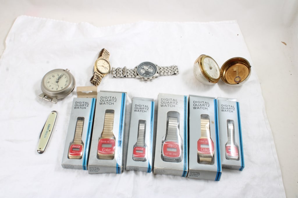 6 Coke Watches, Other Watches, Pocket Knife,: 6 Coke Watches, Other Watches, Pocket Knife, - Peters Shoes Advertising Knife Seiko Day/Date Watch, Pensie 7 Jewel City of Long Beach California Key Watch Works. 2 Lbs. 8" x 8" x 8". Photos