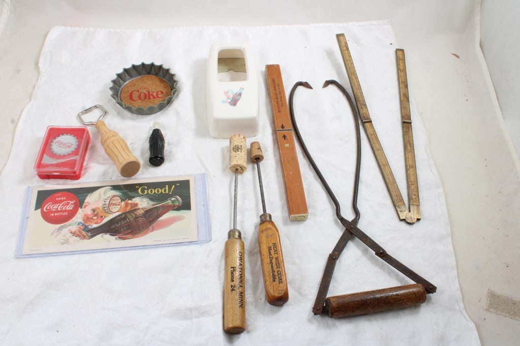 Coke and Other Advertising Items: Coke and Other Advertising Items - Ice Tongs Ice Pick, Floating Knife, Fish Knife, Stanley Folding Rule. 2 Lbs. Lot Size: 10" x 8" x 8". Photos are part of description (Live Auctioneers only