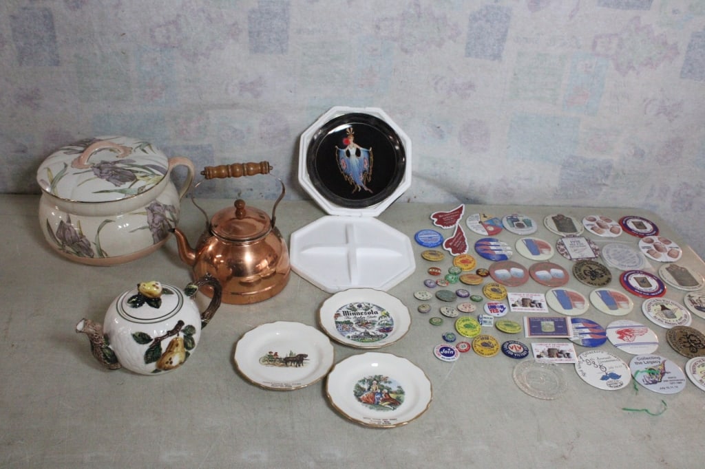 Teapots, Chamber Pot, Red Wing Pinbacks, Plus: Teapots, Chamber Pot, Red Wing Pinbacks, Plus - Plymouth Rock Souvenir Ashtray, 4 Collector Plates. Lady's Chamber Pot with Lid, Copper Teapot, Ceramic Teapot, 4 Collector Plates and Red Wing