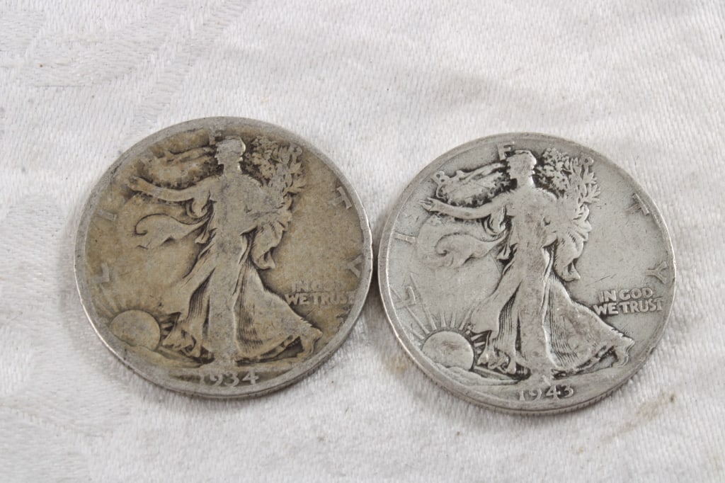 2 Walking Liberty Silver Half Dollars: 2 Walking Liberty Silver Half Dollars - 1934 1943. 3 Oz. 1.25" Diameter. Photos are part of description (Live Auctioneers only shows up to 20). Please ask questions and read terms & conditions