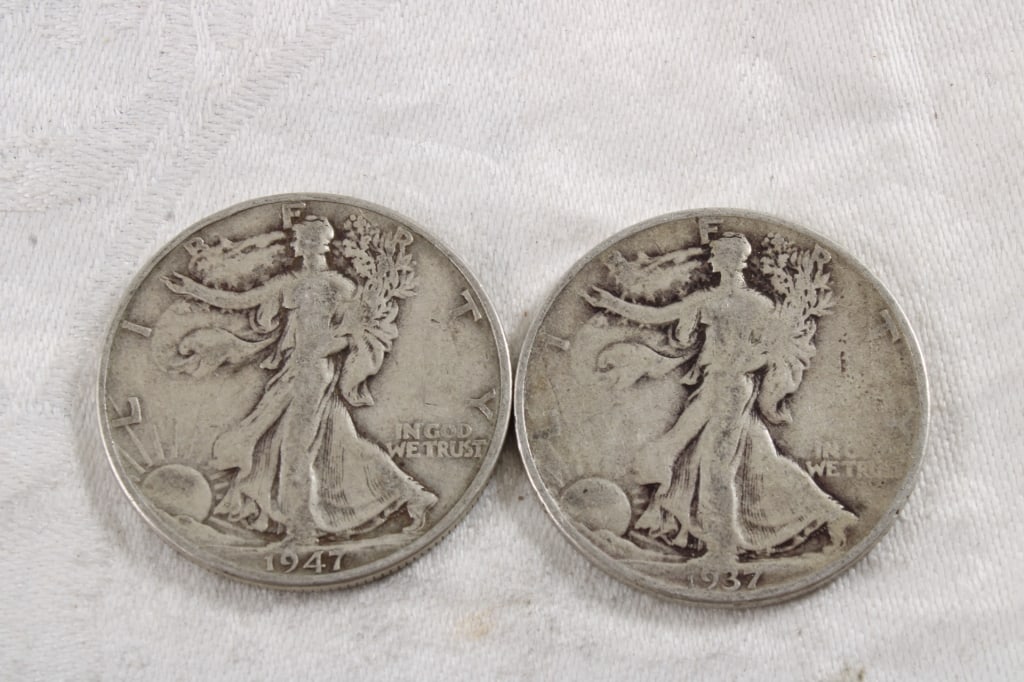 1937 and 1947 Walking Liberty Silver Half Dollars: 1937 and 1947 Walking Liberty Silver Half Dollars - 3 Oz. Lot Size 1.25" Diameter. Photos are part of description (Live Auctioneers only shows up to 20). Please ask questions and read terms &