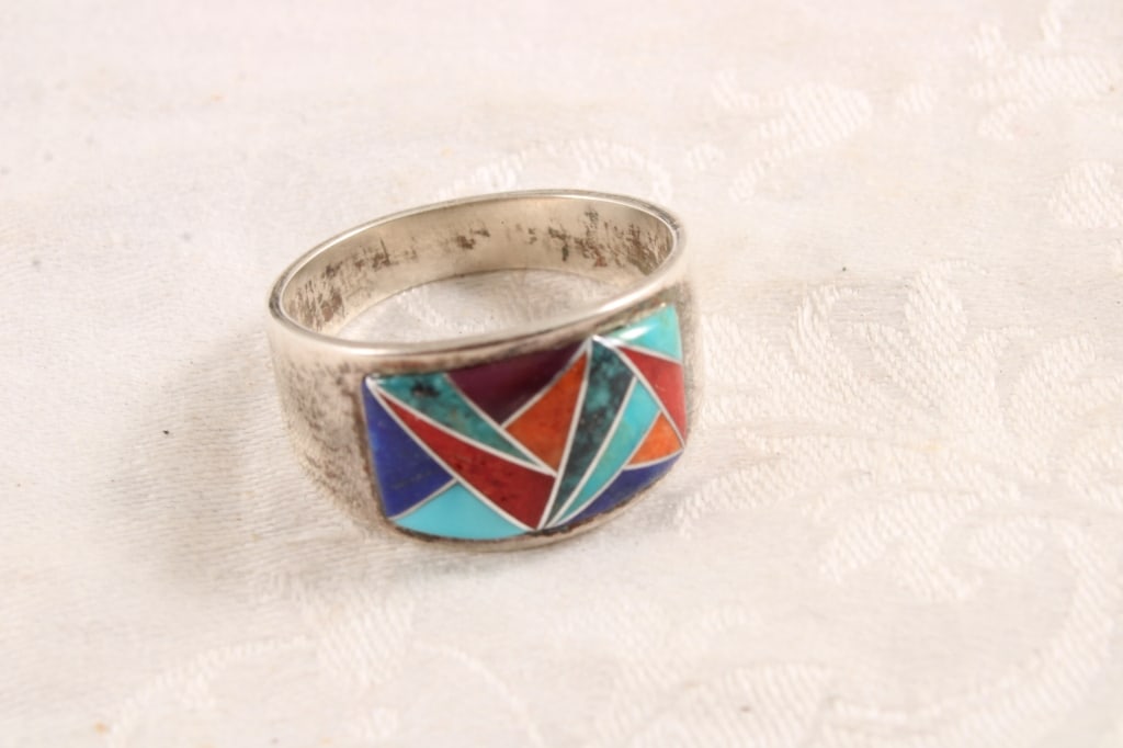 Native American Sterling Silver Gemstone Ring: Native American Sterling Silver Gemstone Ring - Artist signed LMN. Size 14. 3 Oz. 8.1 Grams. Lot Size is 1" in diameter. Photos are part of description (Live Auctioneers only shows up to 20).