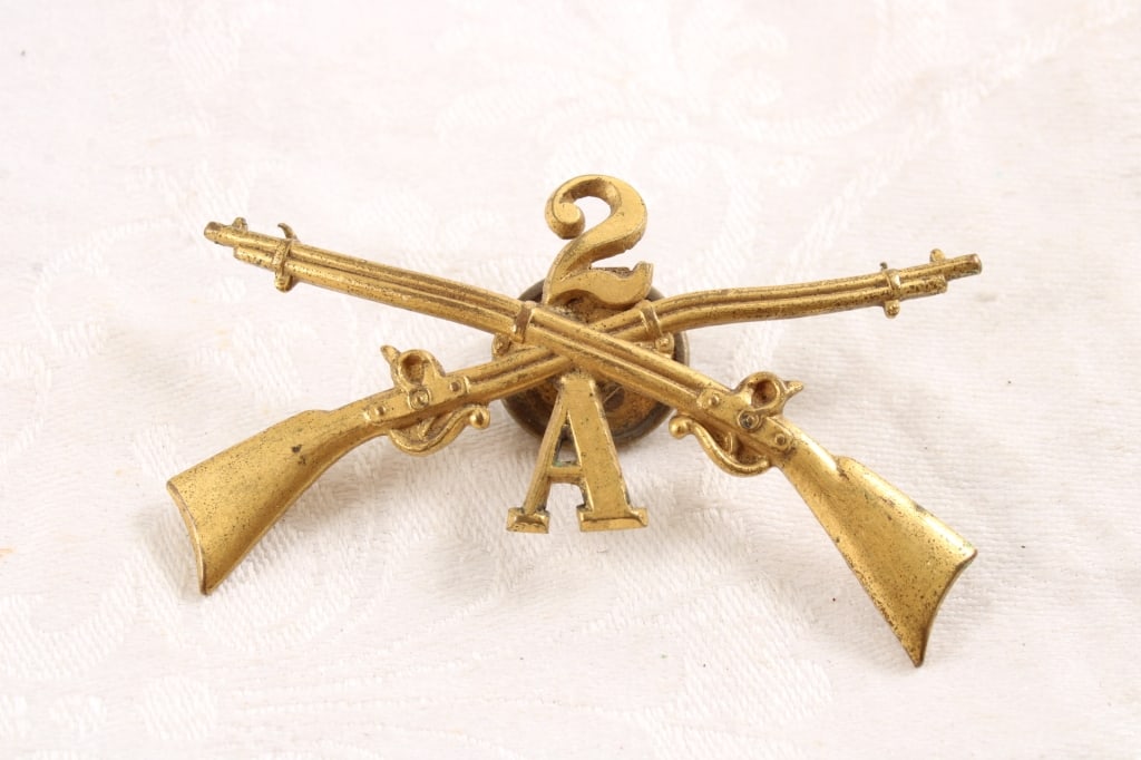 U S 2nd Infantry Regulation Company A Hat Badge: U S 2nd Infantry Regulation Company A Hat Badge - 1890's to 1920 Era. 6 Oz. Lot Size 3" x 2" x 1". Photos are part of description (Live Auctioneers only shows up to 20). Please ask questions and