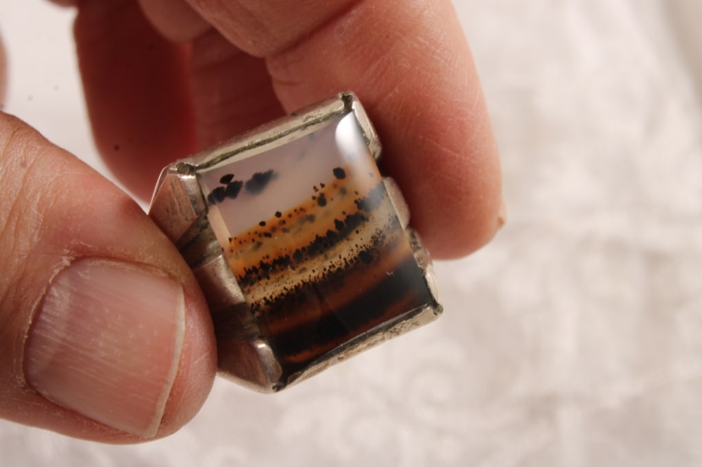 Antique Agate Denritic Sterling Silver Ring 14.5 G - 3