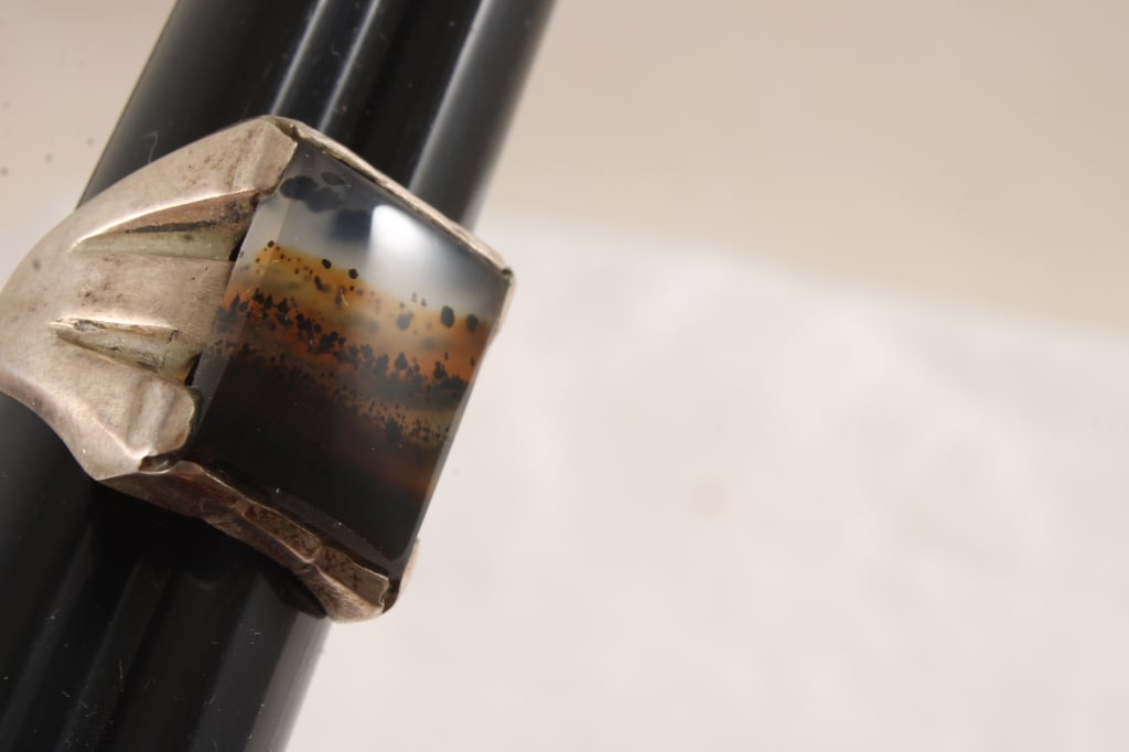 Antique Agate Denritic Sterling Silver Ring 14.5 G - 7