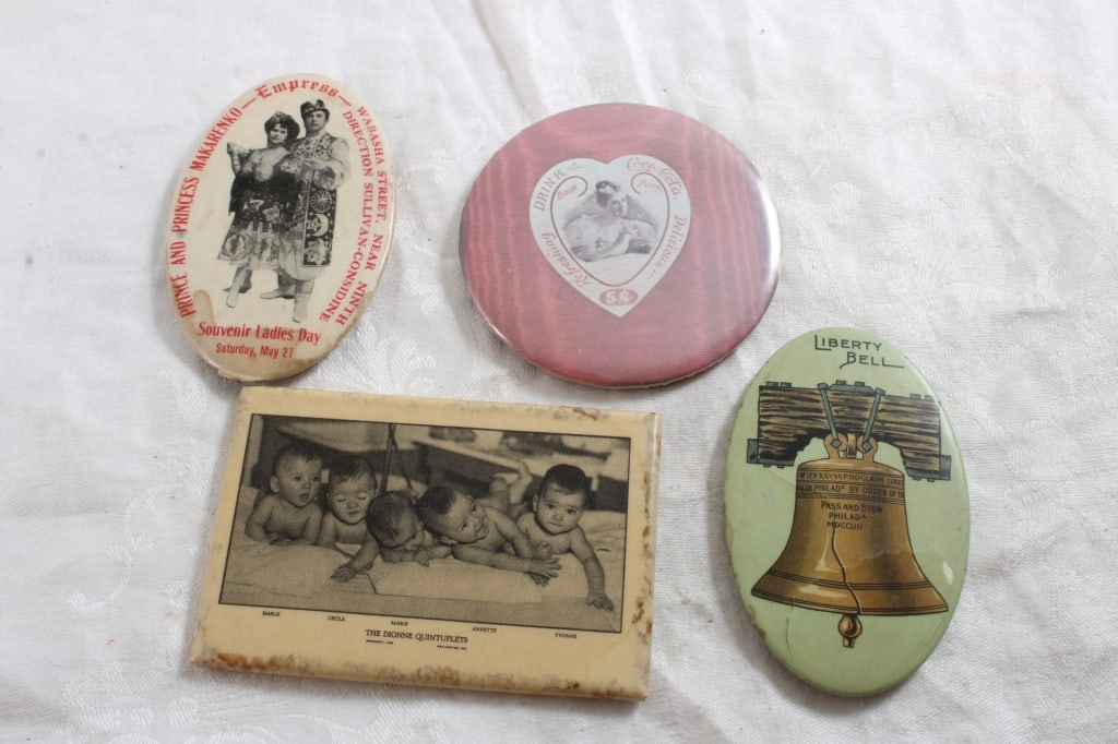 4 Antique & Vintage Advertising Pocket Mirrors: 4 Antique & Vintage Advertising Pocket Mirrors - Liberty Bell, The Dionne Quintuplets, Prince & Princess Makrenko Empress, Coca Cola 5 Cents. 8 Oz. Lot Size 4" x 4" x 4". Photos are part of