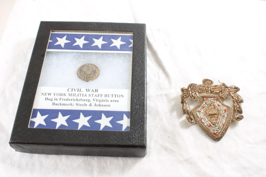 Post Civil War NY Button, 1900-1940 Bullion Patch: Post Civil War NY Button, 1900-1940 Bullion Patch - Post Civil War Era N.Y. State Staff Militia Button plus Handcrafted Bullion Conversion Patch 1900-1940. In Riker Box. 8 Oz. Lot Size 6" x