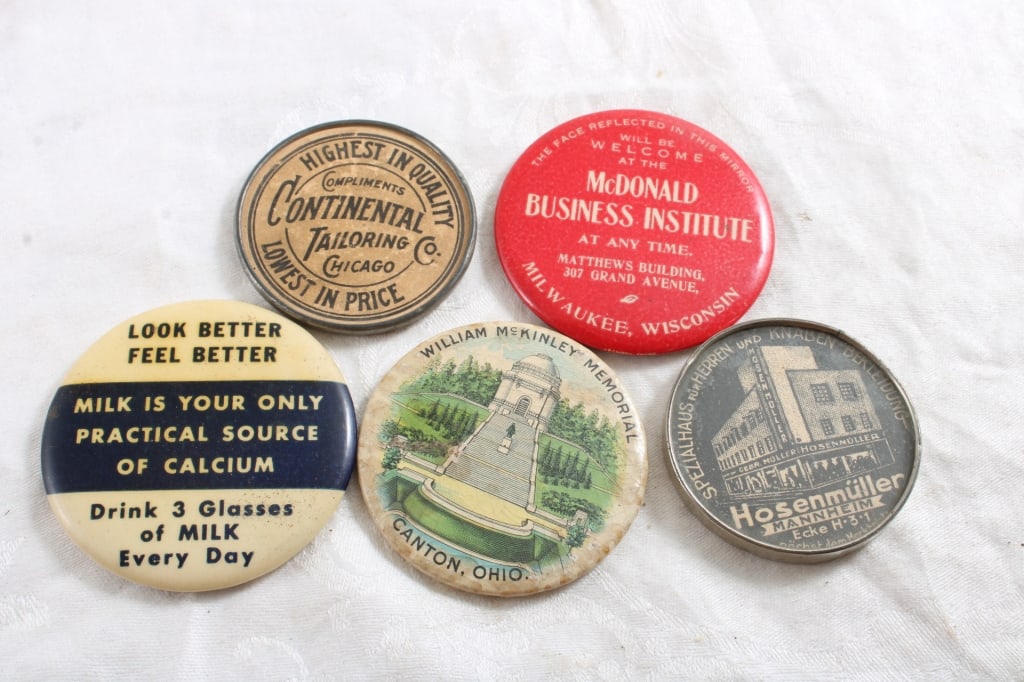 5 Antique Advertising Pocket Mirrors: 5 Antique Advertising Pocket Mirrors - Milk, Continental Tailoring Chicago, Hosenmuller Store (cracked mirror), William McKinley Memorial Canton, Ohio, McDonald Business Institute Milwaukee