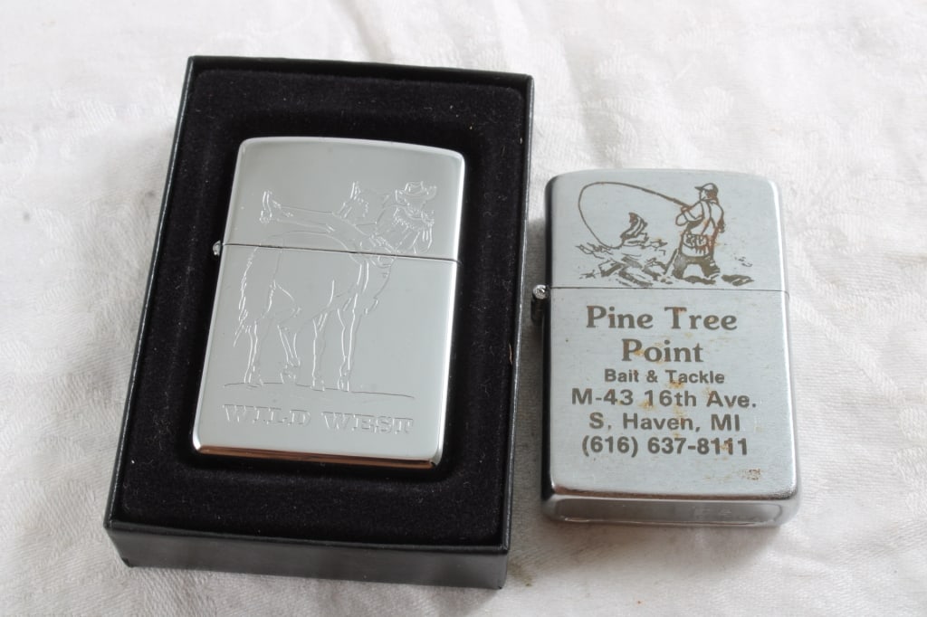 1995 Zippo NIB Lighter Cowboy Mounting Horse: 1995 Zippo NIB Lighter Cowboy Mounting Horse - and My Lite Advertising Used Lighter Pine Tree Point S. Haven, Michigan. 6 Oz. Lot Size 3" x 3" x 3". Photos are part of description (Live