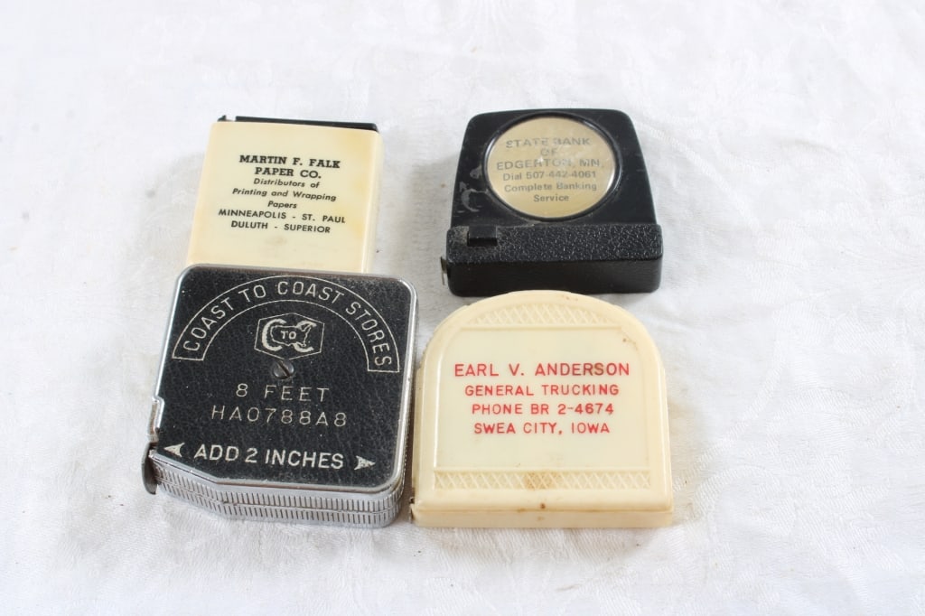 4 Advertising Tape Measures: 4 Advertising Tape Measures - Coast To Coast Stores, Earl V Anderson General Trucking Swea City, Iowa, Martin Falk Paper Co. Minneapolis and Duluth Minnesota, State Bank of Edgenton Minnesota. 