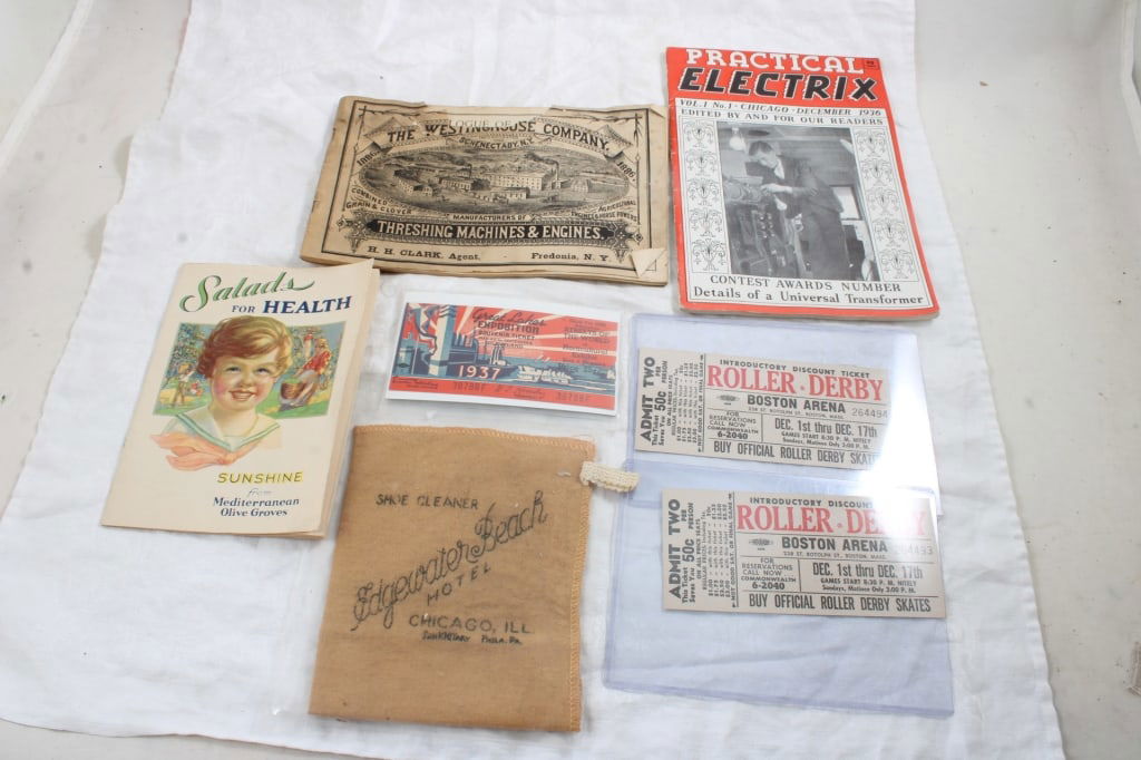 Advertising Ephemera: Advertising Ephemera - 2 Roller Derby Tickets, 1929 Sunshine Recipe Booklet, 1937 Cleveland Exposition Souvenir, Edgewater Beach Shoe Shine Cloth and More. 12 Oz. Lot Size 12" x 9" x 3". Photos are pa