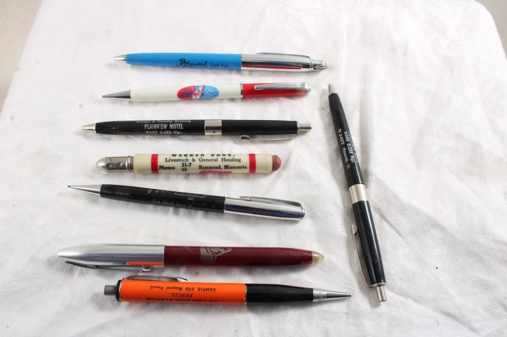 Advertising Bullet Pencil, Pens, Sample Pens: Advertising Bullet Pencil, Pens, Sample Pens - 3 Plainview Mn. Advertising Pens, Plainview Livestock, Plainview Motel, 4 Sample Advertising Pens, Wegner Bros. Hammon, Minnesota. and Livestock