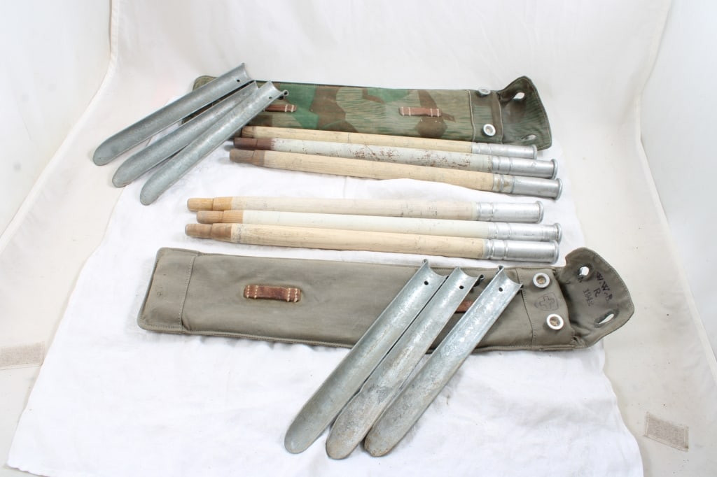 WW2 German 2 Sets Tent Poles and Stakes: WW2 German 2 Sets Tent Poles and Stakes - 4 Lbs. Lot Size 18" x 6" x 6". Photos are part of description (Live Auctioneers only shows up to 20). Please ask questions and read terms & conditions
