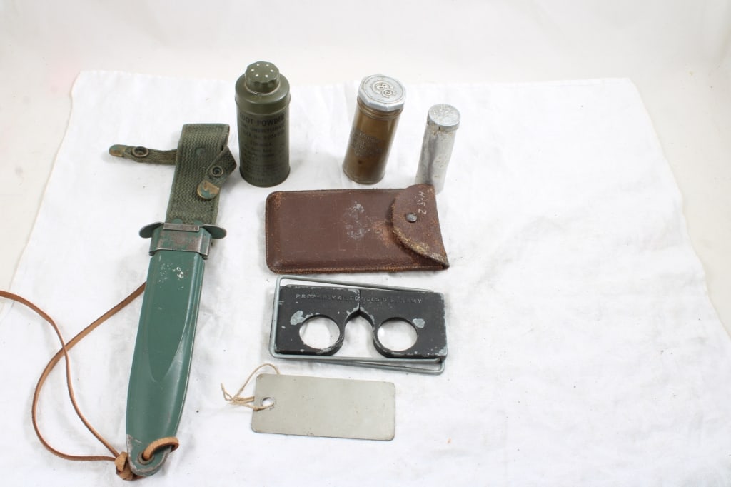 U S Military Shaving Mirror, Sheath, Foot Powder: U S Military Shaving Mirror, Sheath, Foot Powder - and Stereoviewer in Case. Sheath is for a Bayonet. 2 Lbs. Lot Size 12" x 8" x 8". Photos are part of description (Live Auctioneers only shows