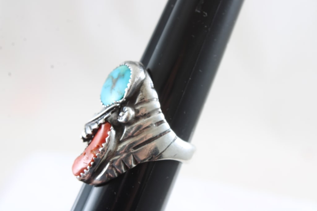 Native American Silver Turquoise Coral Ring - 2