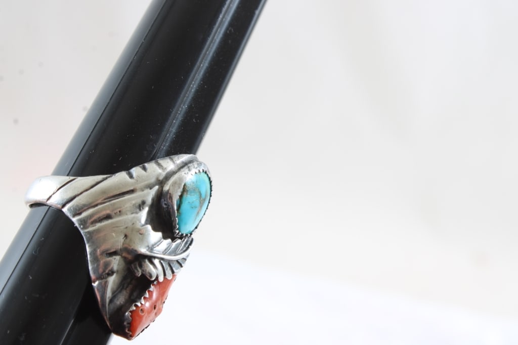 Native American Silver Turquoise Coral Ring - 5
