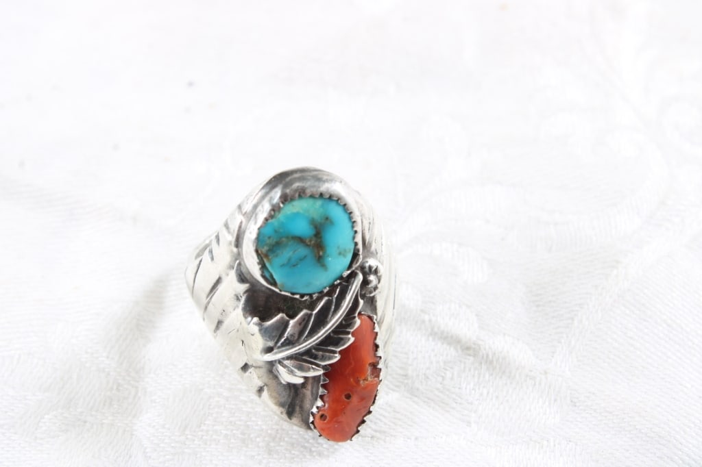 Native American Silver Turquoise Coral Ring - 7