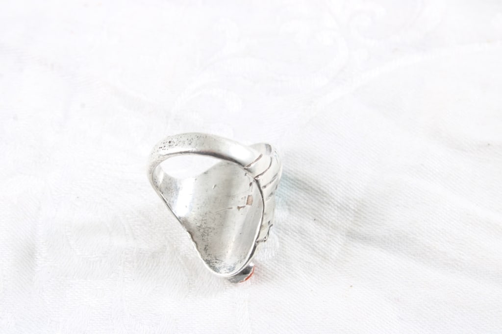 Native American Silver Turquoise Coral Ring - 9