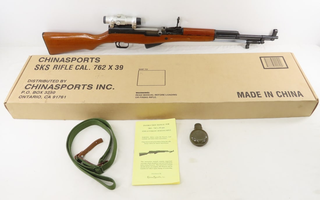Norinco China Sports SKS 7.62x39mm Semi-Auto Rifle: Norinco China Sports SKS 7.62x39mm Semi-Auto Rifle - SN# 25000378, 21" barrel, front hooded sight, rear ladder sight, Illusion scope, folding socket bayonet, trigger guard & magazine plate marked 0378