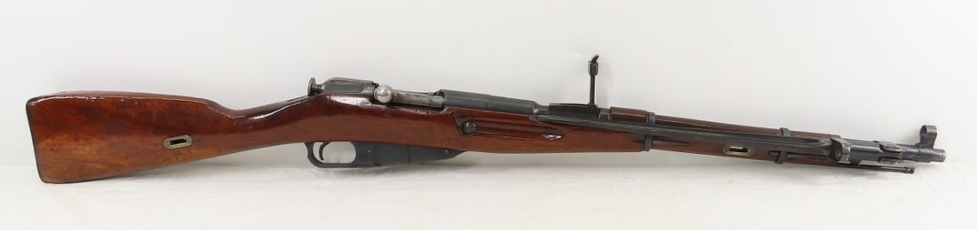 1946 Mosin Nagant Izhevsk M1944 7.62x54R Rifle: 1946 Mosin Nagant Izhevsk M1944 7.62x54R Rifle - SN# QK5943, import CAI Georgia, VT, receiver marked " crest, 1946r /(Cyrillic q)K5943 Izhevsk Factory mark", bolt marked 3192659, 20" barrel, hooded fr
