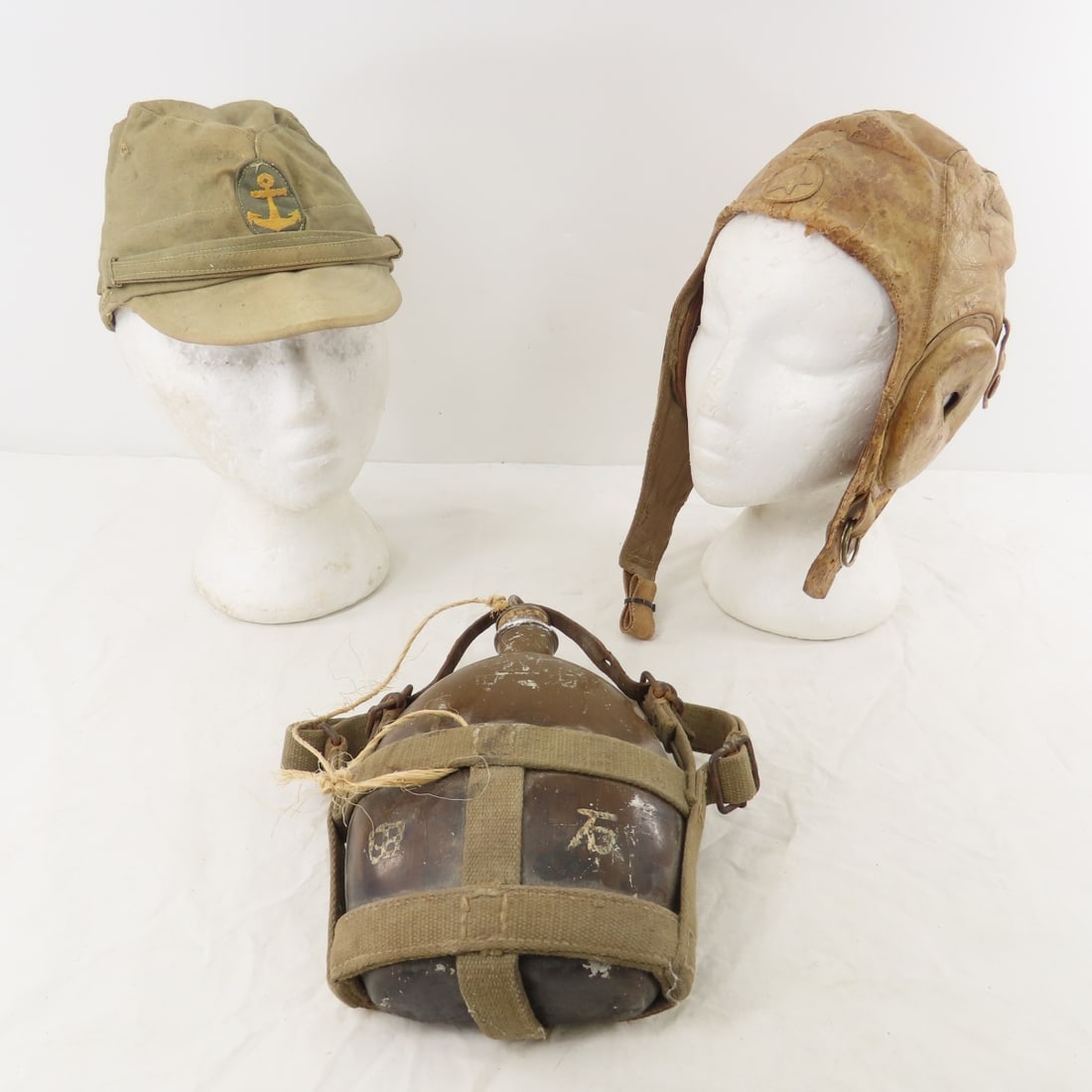 WWII Japanese Army Flight Helmet, Canteen, Hat (1 of 20)