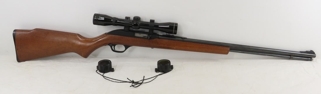 Marlin Model 60 Micro-Grove .22 LR Rifle w/Scope: Marlin Model 60 Micro-Grove .22 LR Rifle w/Scope - SN# 17457090, manufacture 1983, direct blowback action, 22" barrel with front & rear sights, tube feed, wood pistol grip stock - crack at end near re