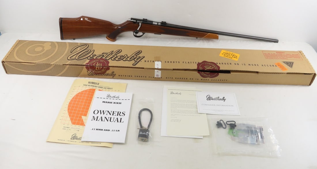 Weatherby Mark XXII .22 LR Bolt Action Rifle: Weatherby Mark XXII .22 LR Bolt Action Rifle - SN# AS007568, mfg 1964 - 1988 Made in Germany, semi-auto, 22" barrel, scope mount, checkered wood pistol grip stock with raised cheek comb, 1 5rd .17 HMR