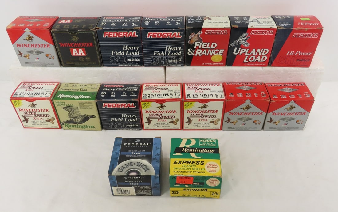 375+ Rounds Mixed 20GA Shotshells: 375+ Rounds Mixed 20GA Shotshells - Ammunition does not always match the box, many appear to be reloads. 14 full boxes and 1 partial Photos are part of description. Live Auctioneers displays a max of