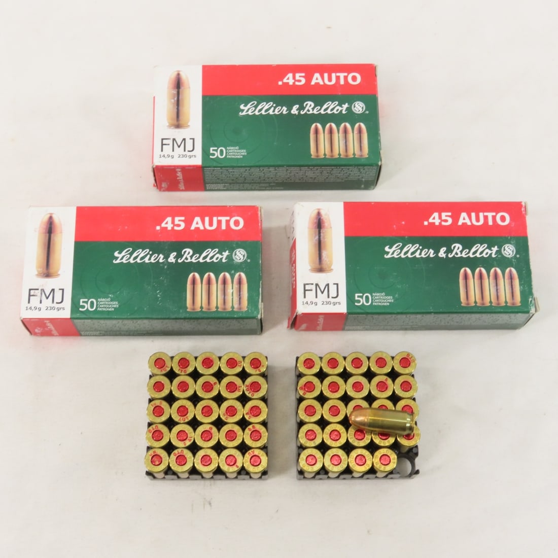 150 Rounds Sellier & Bellot 45 Auto ammunition: 150 Rounds Sellier & Bellot 45 Auto ammunition - 3 50 round boxes, 230 grain FMJ Photos are part of description. Live Auctioneers displays a max of 20 photos- all photos can be seen on Proxibid and bi