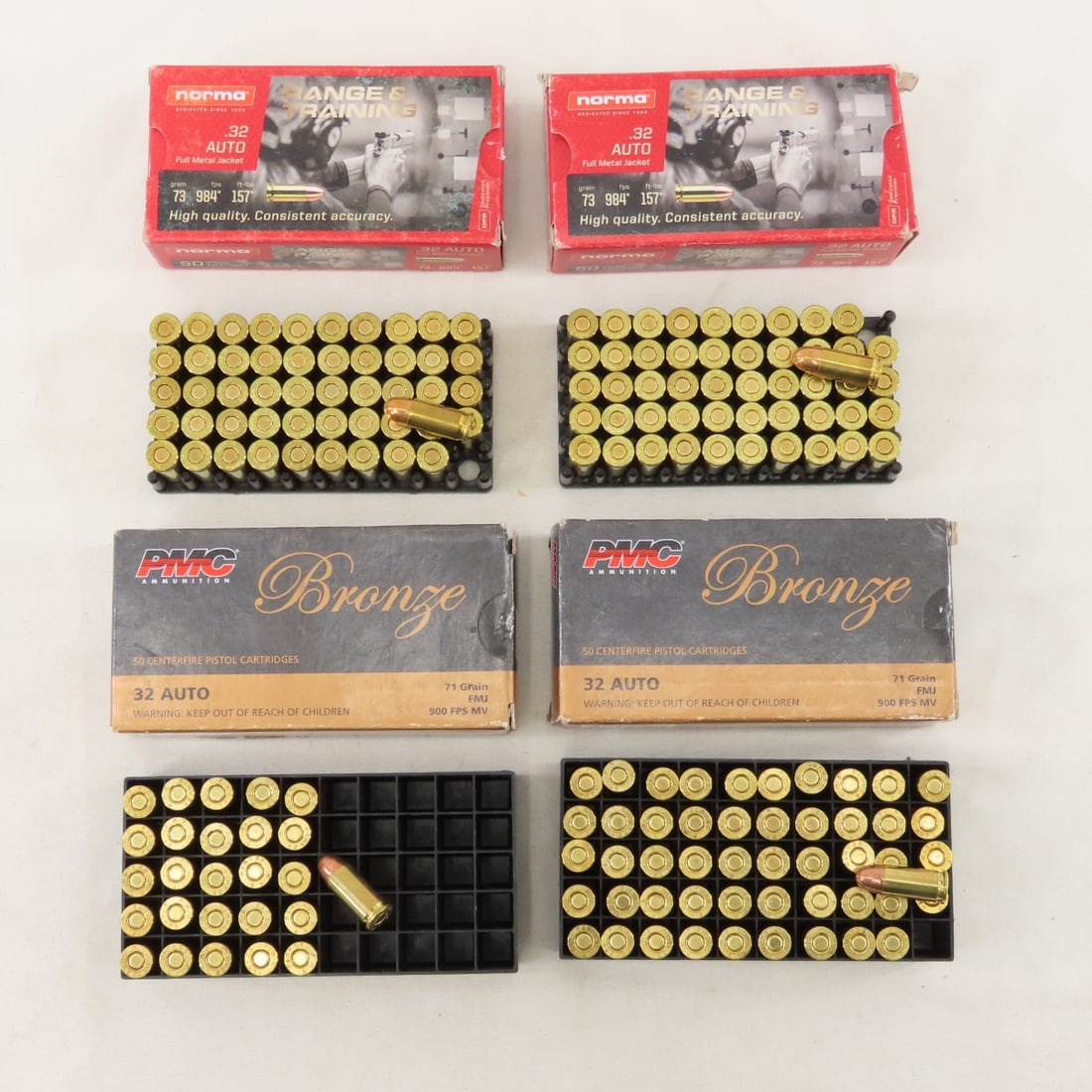 Ammunition: 176 Rounds Norma & PMC 32 Auto: Ammunition: 176 Rounds Norma & PMC 32 Auto - 2 boxes of 50 Rounds Norma 32 auto 73 grain FMJ Range & Training. 76 rounds - 1 full & 1 partial box of PMC 32 auto 72 grain FMJ Photos are part of