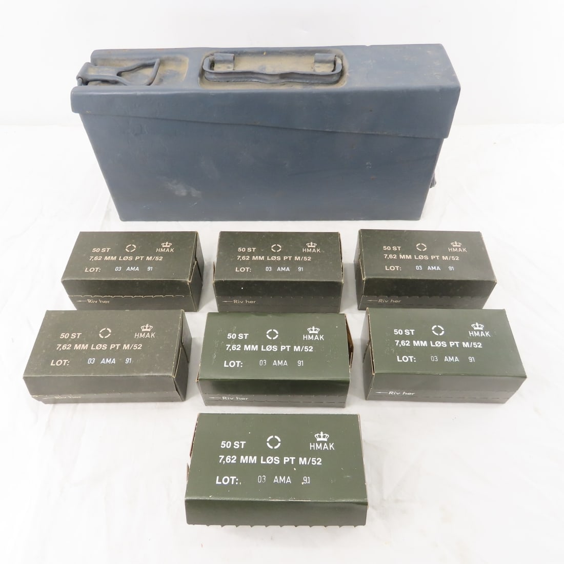 WWII German MG34/42, 57mm Ammunition Can & 7.62 Brass: WWII German MG34/42, 57mm Ammunition Can & 7.62 brass- Can is steel and has been painted. Any markings that may have been on the can are covered. 7 Boxes 7,62mm - 5 are empty & 2 have empty blank bras