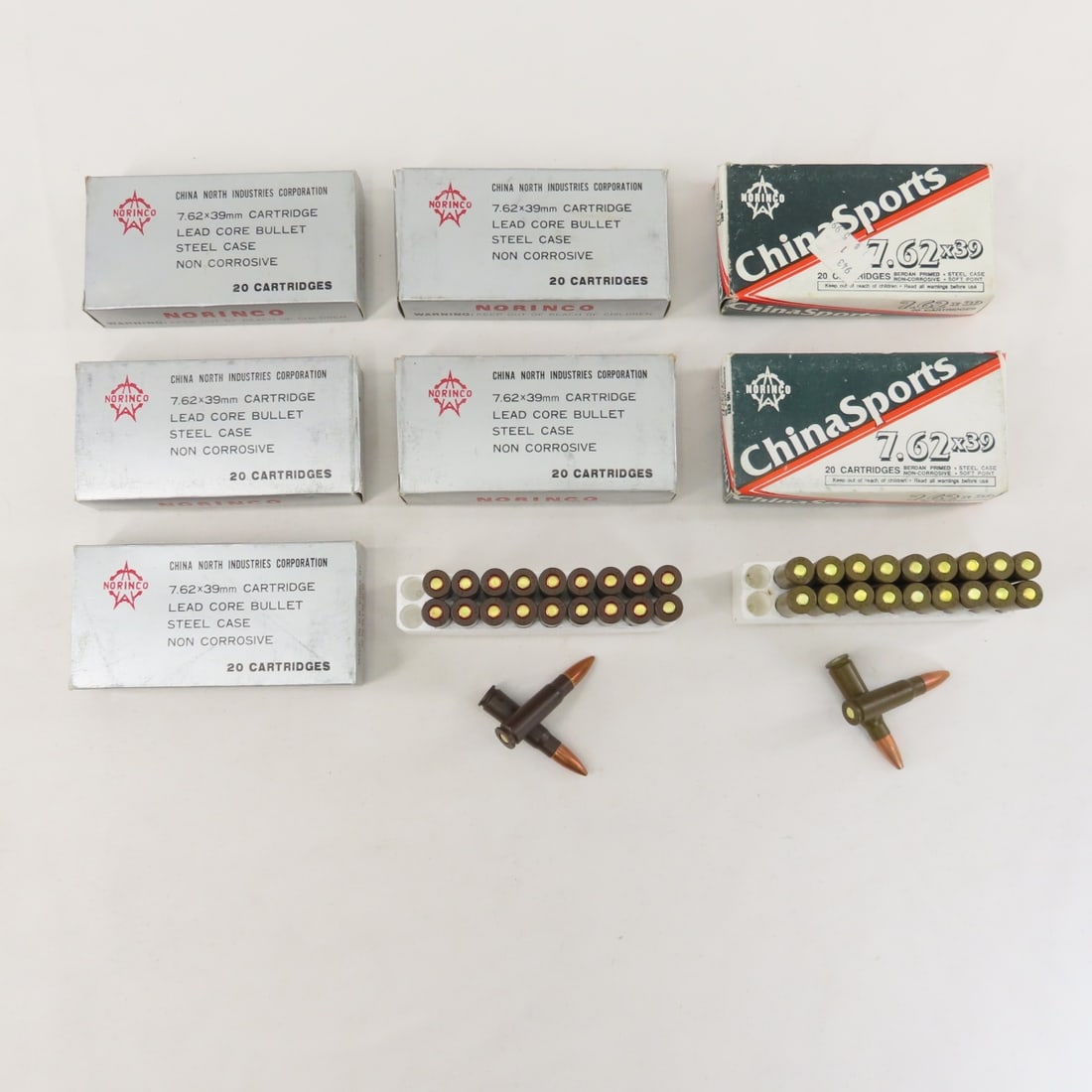 Ammunition: 130 rds Norinco 7.62x39mm: Ammunition: 130 rds Norinco 7.62x39mm - in 7 boxes. 6x5x5", 5 lbs Photos are part of description. Live Auctioneers displays a max of 20 photos- all photos can be seen on Proxibid and