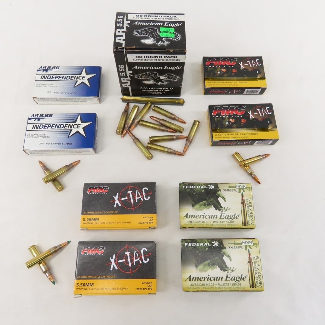 Ammunition: 240 Rounds Mixed 5.56NATO /.223: Ammunition: 240 Rounds Mixed 5.56NATO /.223 - 40 rds PMC 55gr FMJ, 40 rds PMC 62gr LAP, 40 rds American Eagle 62gr FMJ-BT Ball, 40 Independence 55gr FMJ, and 1 box 90 rds American Eagle 55gr FMJ