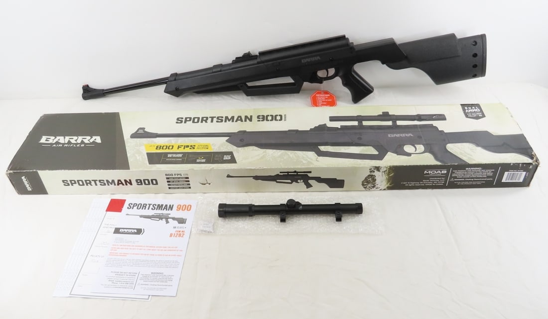 Barra Sportsman 900 .177 BB/Pellet Rifle w/Scope: Barra Sportsman 900 .177 BB/Pellet Rifle w/Scope - pull down pump action, optic sights, plastic short stock, pistol grip, top rail, tested- works great- like new in box (torn) with 4x15 scope. Please