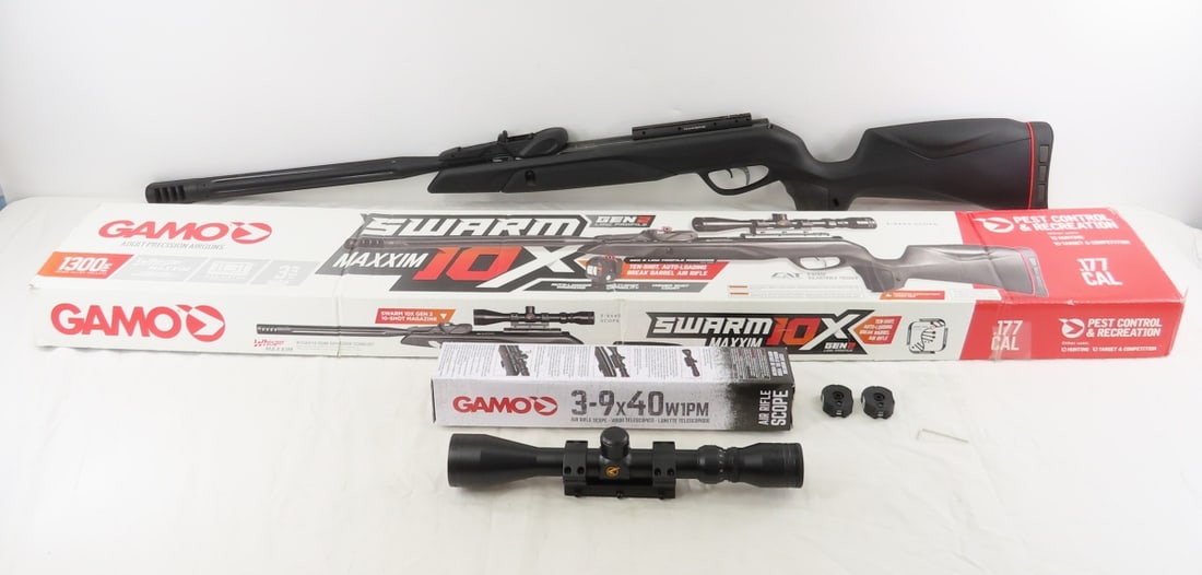 Gamo Swarm Maxxim 10X GEN 2 Multi-Shot Air Rifle: Gamo Swarm Maxxim 10X GEN 2 Multi-Shot Air Rifle - .177 caliber, IGT powerplant, 2 stage trigger, 2 quick shot 10 round magazines, synthetic stock with pistol grip storage, recoil pad, pull down
