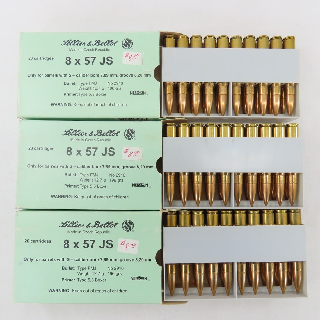 60 Rounds Czech 8x57 JS Ammunition in Boxes: 60 Rounds Czech 8x57 JS Ammunition in Boxes - 60 Rounds Sellier & Bellot, Czech 8x57 JS Ammunition, 196 grain. Lot Size: 6 x 4 x 4", 4 lbs Photos are part of description. Live Auctioneers displays