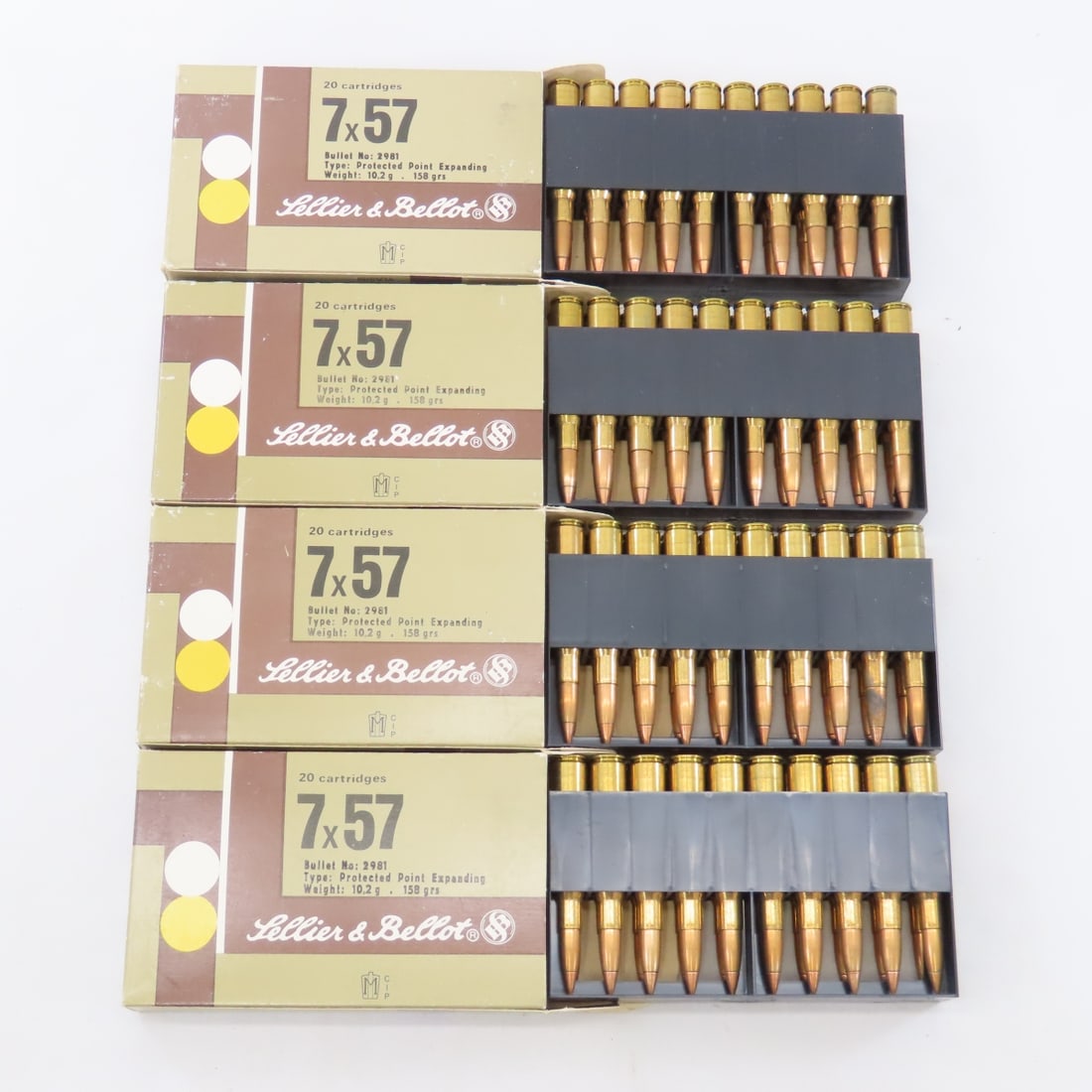 80 Rounds Czech 7x57 Protected Point Ammunition: 80 Rounds Czech 7x57 Protected Point Ammunition - 80 Rounds Czech, Sellier & Bellot 7x57 Protected Point Ammunition, Protected Point, Expanding. 10.2g, 158 gr. Lot Size: 7 x 6 x 2", 5 lbs Photos