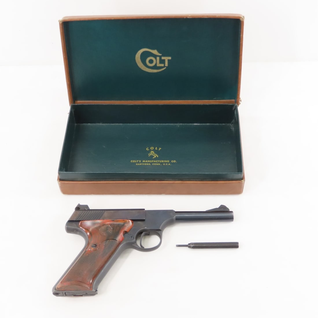 Colt Woodsman Sport Model Automatic .22 LR Pistol: Colt Woodsman Sport Model Automatic .22 LR Pistol - SN# 28796-S, 2nd series manufactured 1948, 4.5" barrel with rear notch and front ramp sight, checkered wood grips, 1 10 rd magazine, in box with too