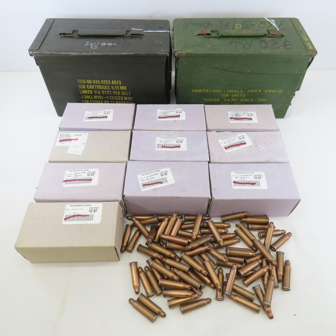 640 Blank 7.62x54R Mosin-Nagant Rounds in Cans: 640 Blank 7.62x54R Mosin-Nagant Rounds in Cans - 640 Blank Rounds in 80per Boxes, 5.56MM & 7.62MM Ammunition Cans. Lot Size: 13 x 12 x 7", 31 lbs Photos are part of description. Live Auctioneers displ