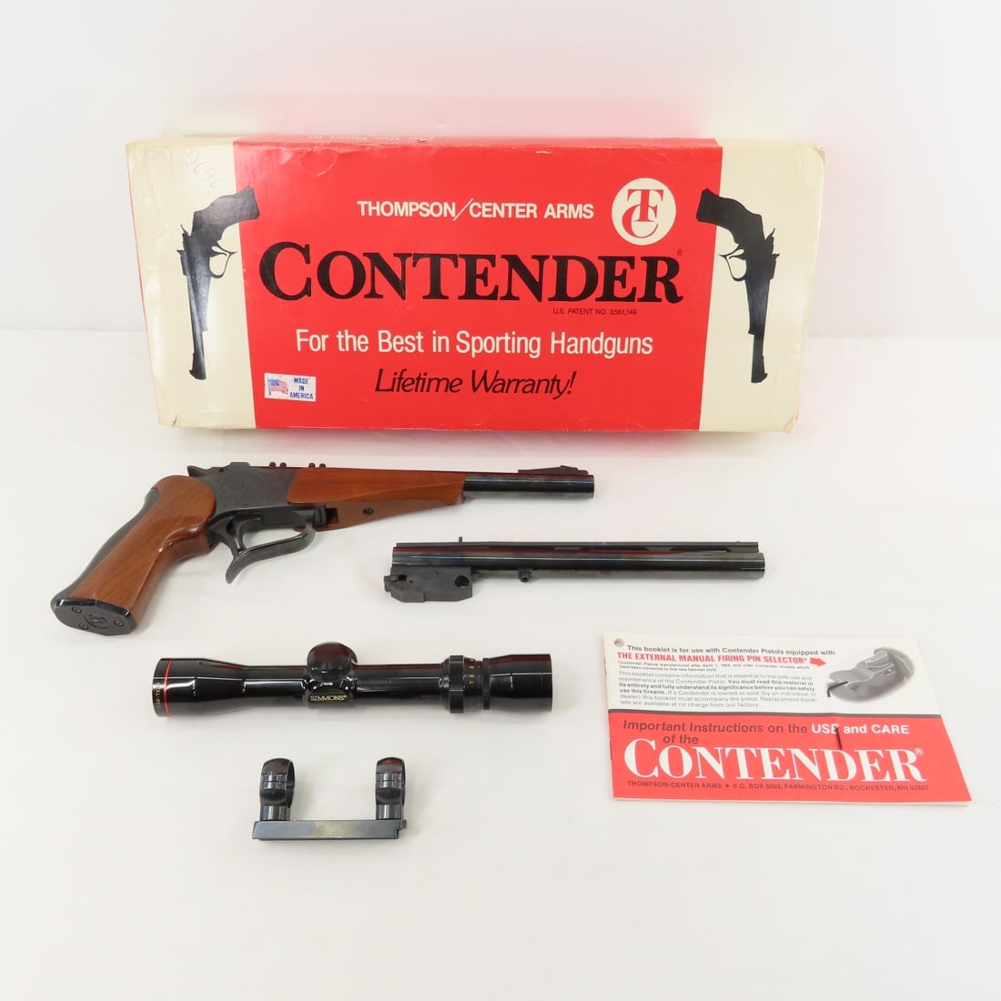 TCA Contender Pistol .22LR & 45 Colt/.410 Barrels: TCA Contender Pistol .22LR & 45 Colt/.410 Barrels - SN# 363857, mfg 1989, blued, has external firing pin selector, 10" barrels, .410/45 colt barrel has vent rib with front bead and rear notch sights.
